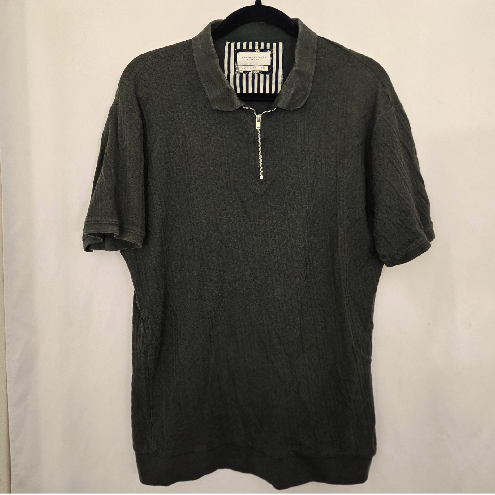 Denim Flower Ricky Singh Xl Polo Gray Green Textured 1/4 Zip Knit Short Sleeve